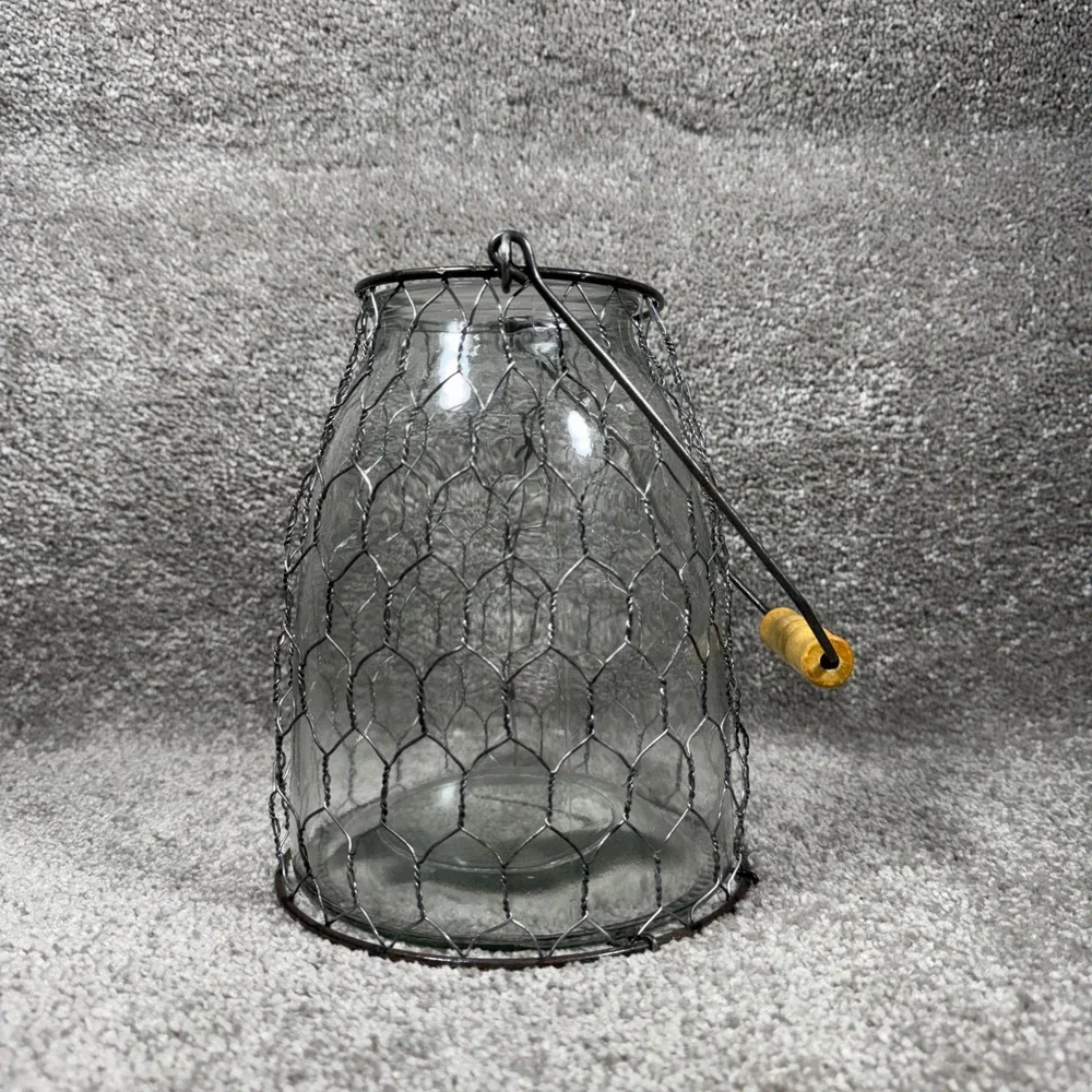 Lantern Cloche Clear Glass Chicken Wire Wood Handle Farmhouse Decor